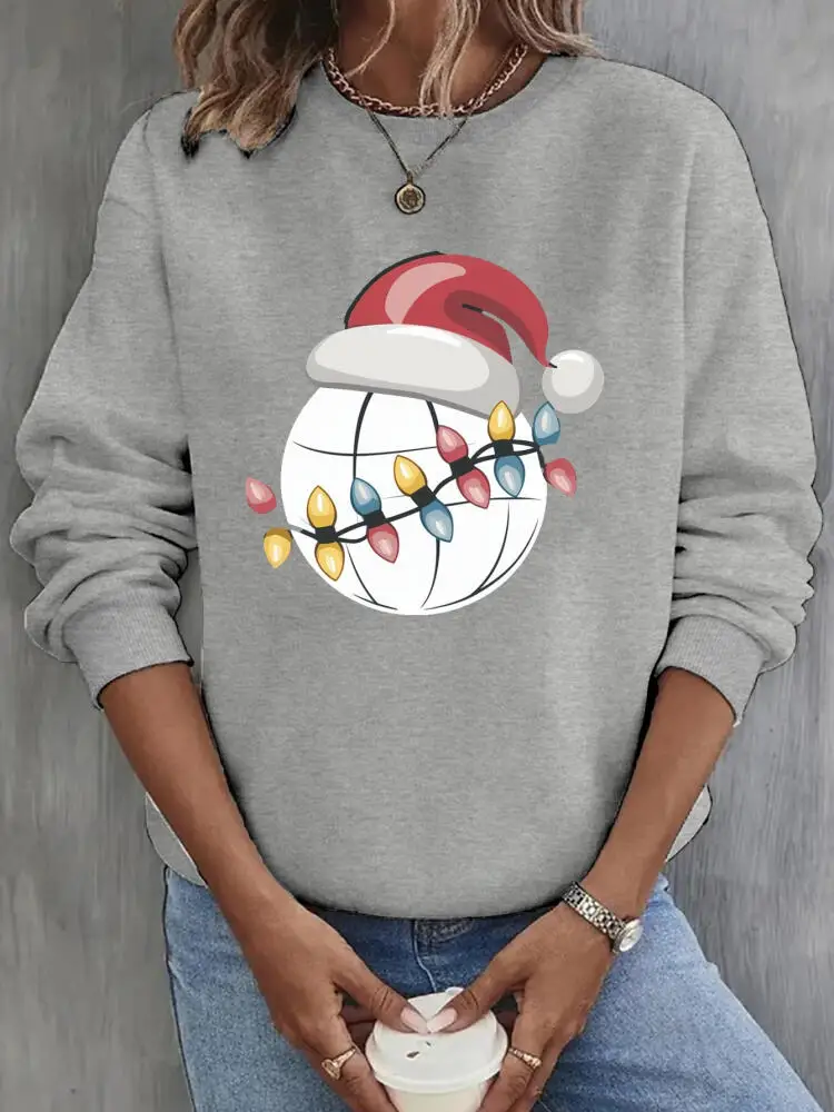 

Women's Festive Globe Lights Graphic Print Sweatshirt, Crew Neck Casual Polyester Sweatshirt for Fall & Spring, Geometric Patter
