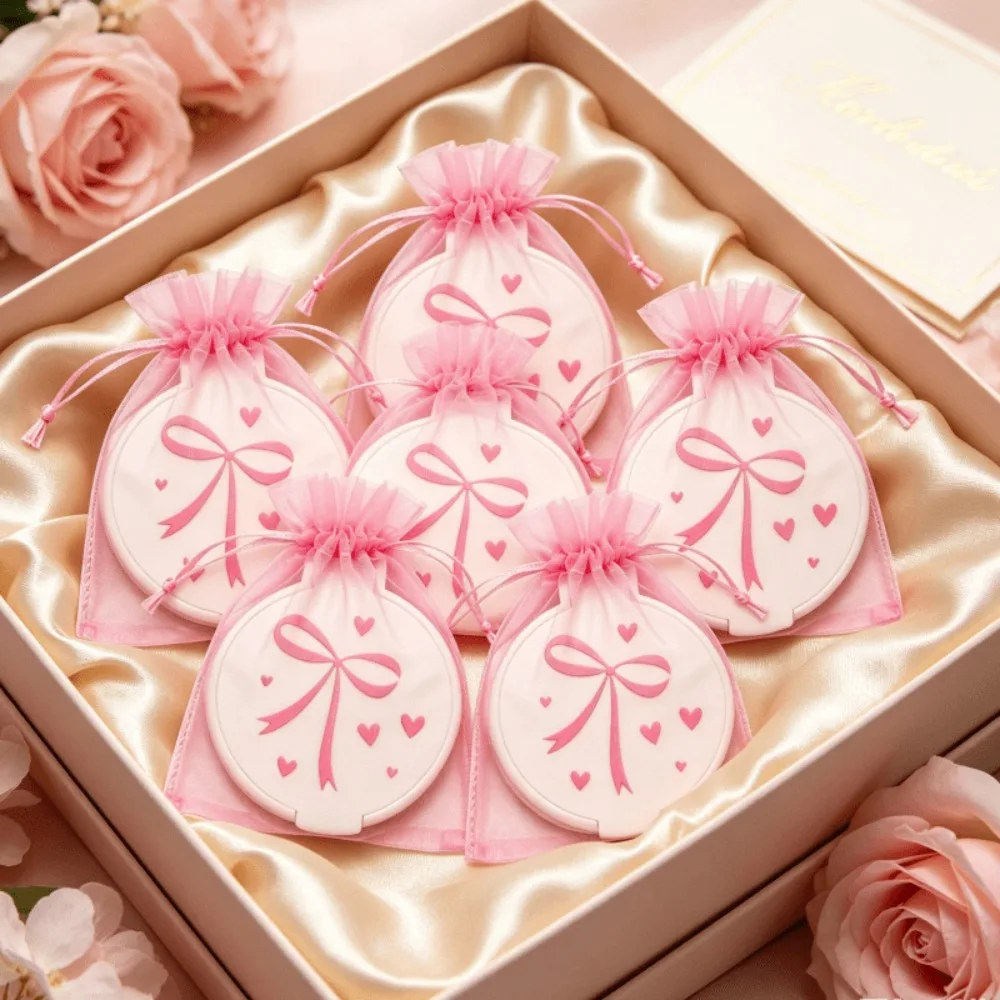 10-50Sets Round Pocket Makeup Mirrors  Pink Bow Heart Design  Foldable Cosmetic Mirror  Wedding Bridal Shower Party Supplies