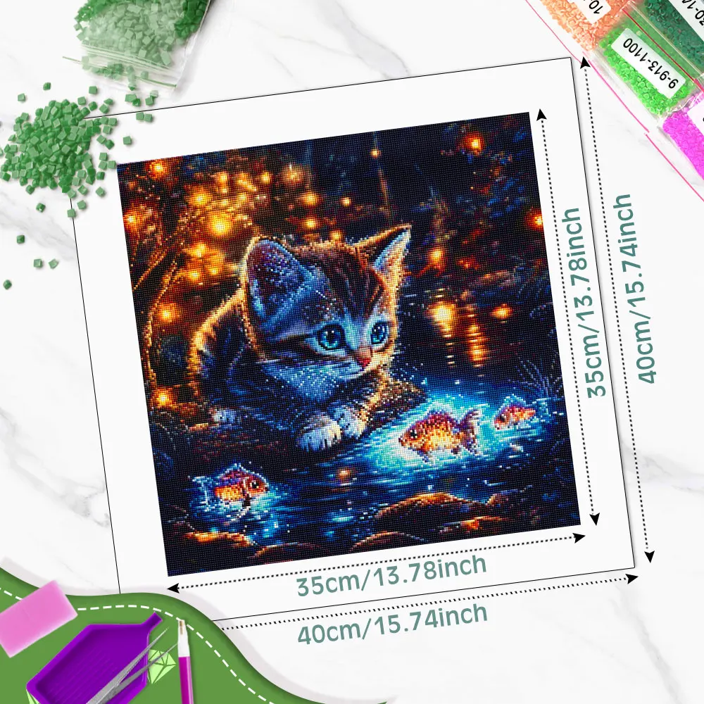 Huacan 5D DIY Diamond PaintingFirefly Stream Cat Watching Fish Diamond Embroidery Animal Set Decorative Paintings