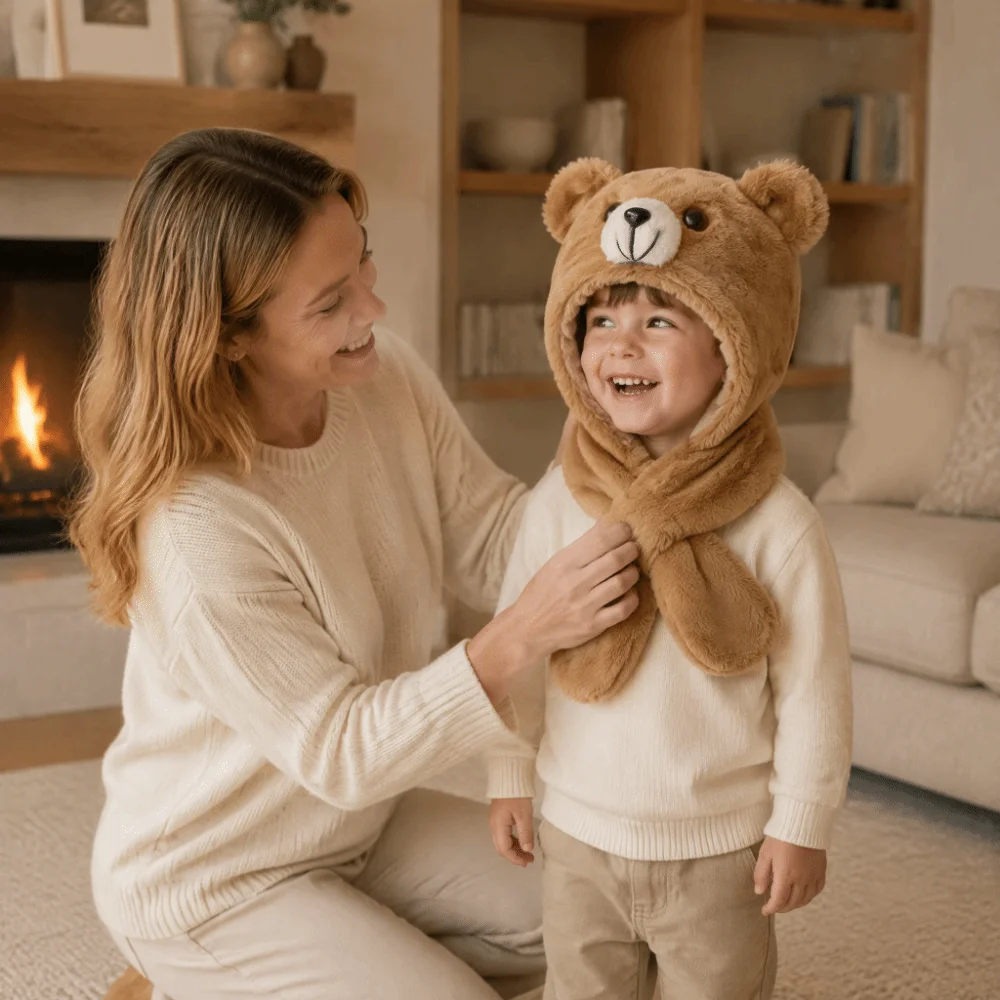 Cute Thickening Kids Integrated Scarf Hat Windproof Fluffy Plush Warmth Winter Beanie Hat Soft Cartoon Bear Earmuffs Hat Baby