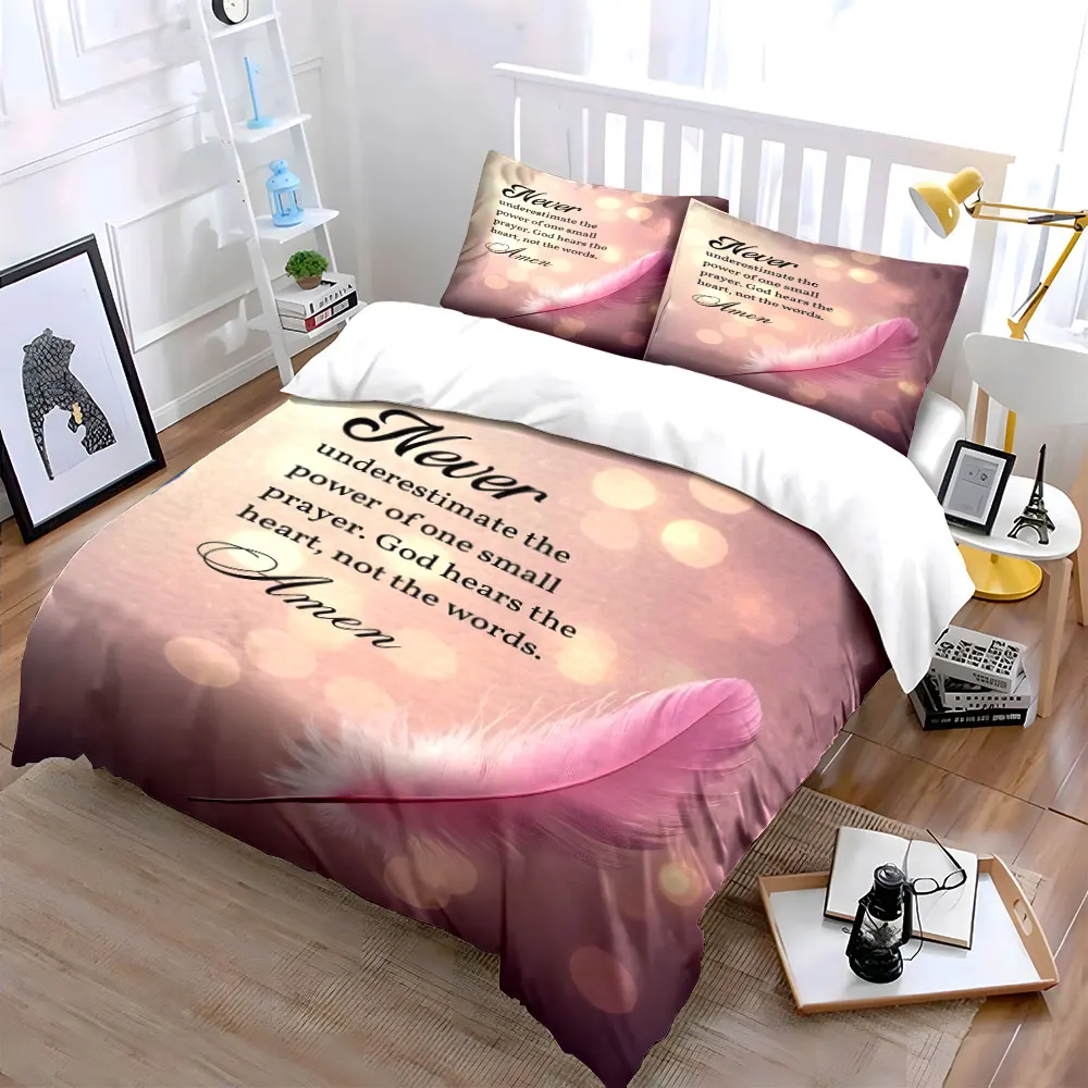 3Pcs Pink Feather Bokeh Prayer Quote Bedding Set, Soft Blush Faith Print Duvet Cover 2 Pillowcases Single Double King Queen