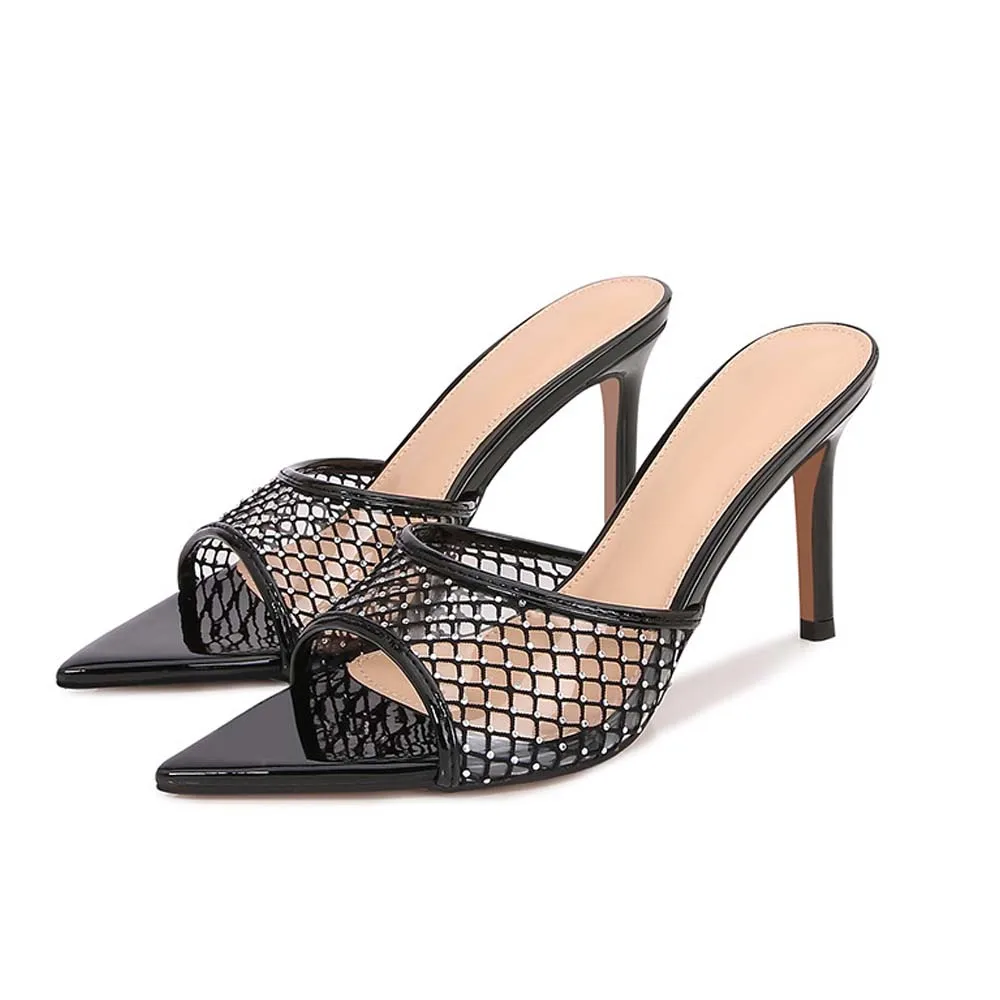 

Women's Sparkly Rhinestone Mesh High Heel Peep Toe Stiletto Sandals Pointed Open Toe Backless Slippers Mules for Party Prom