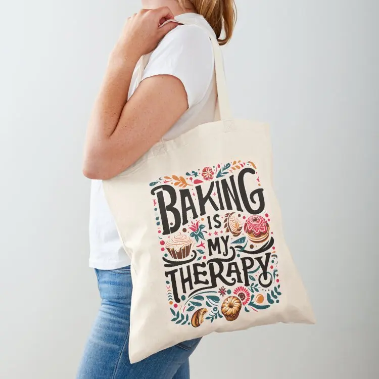 

Baking Is My Therapy, typography Tote Bag bags luxury women shopping bag personalized tote Customizable tote bag