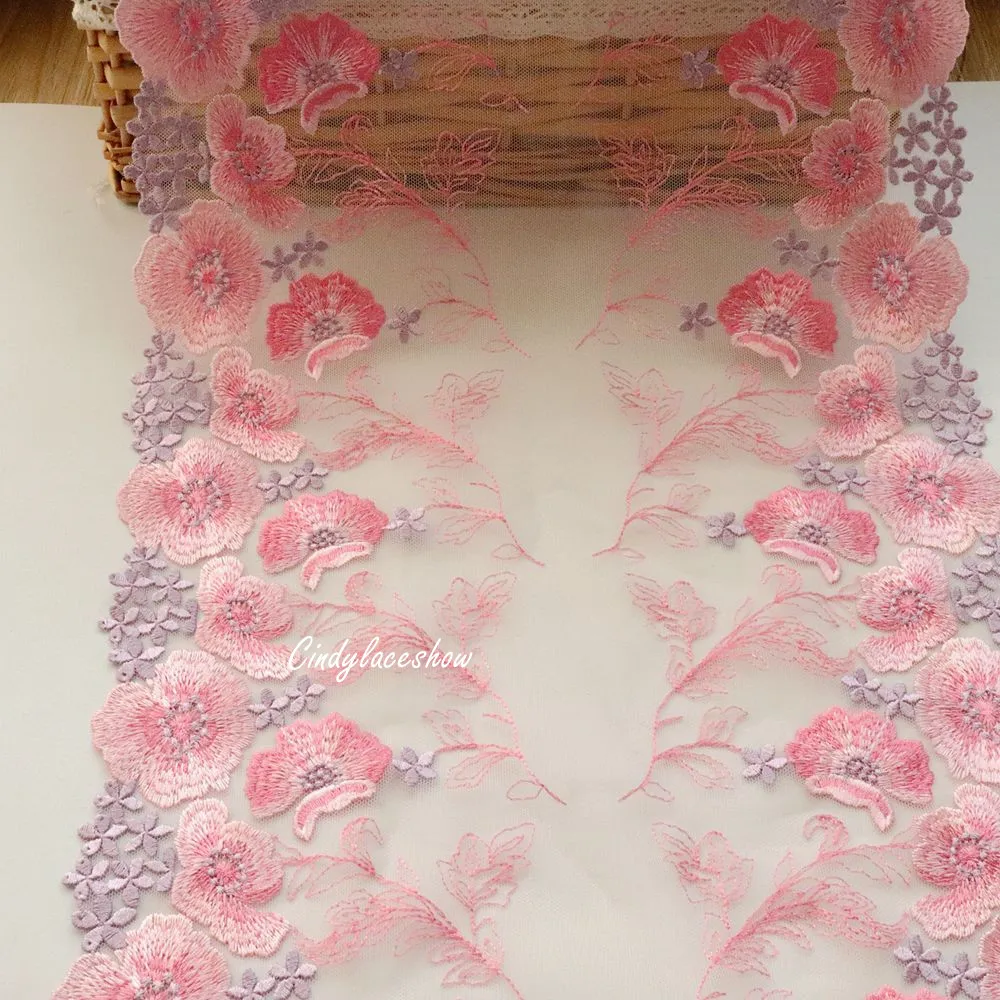 1 Meter 26 CM Wide Pink Flowers Embroidered Wedding Dress Lace Trim Fabric White Mesh For Bra Garment Sewing Clothes Accessories