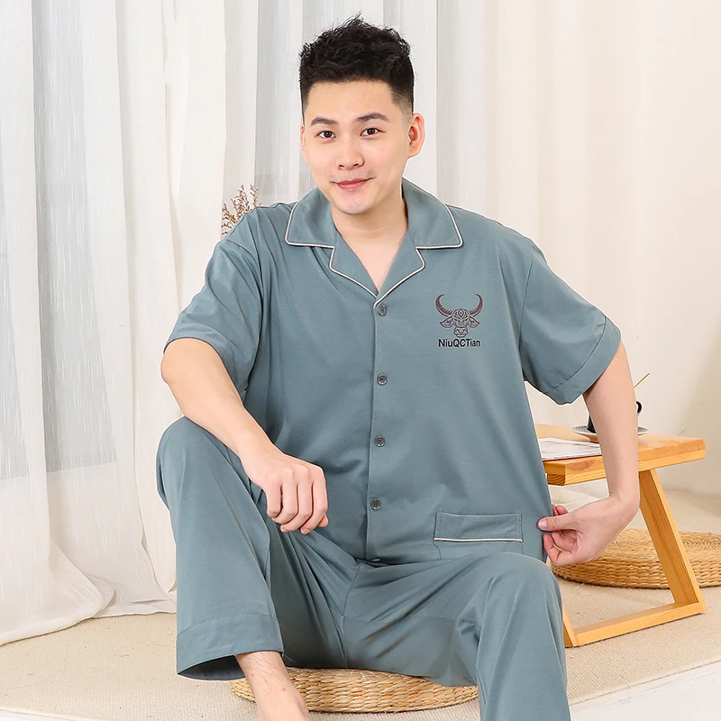 Summer Knitted Cotton Men Sleepwear Suits Short Sleeve Turn-down Collar Cardigan Pajamas Set 4XL-5XL Comfortable Male Leisure