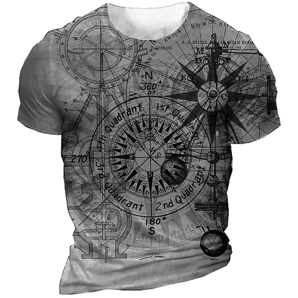 

Compass Men's T-Shirts 3d Retro Print Fitness Street Short Sleeve Top Navigation T Shirt For Men's Clothing Oversized T-Shirts