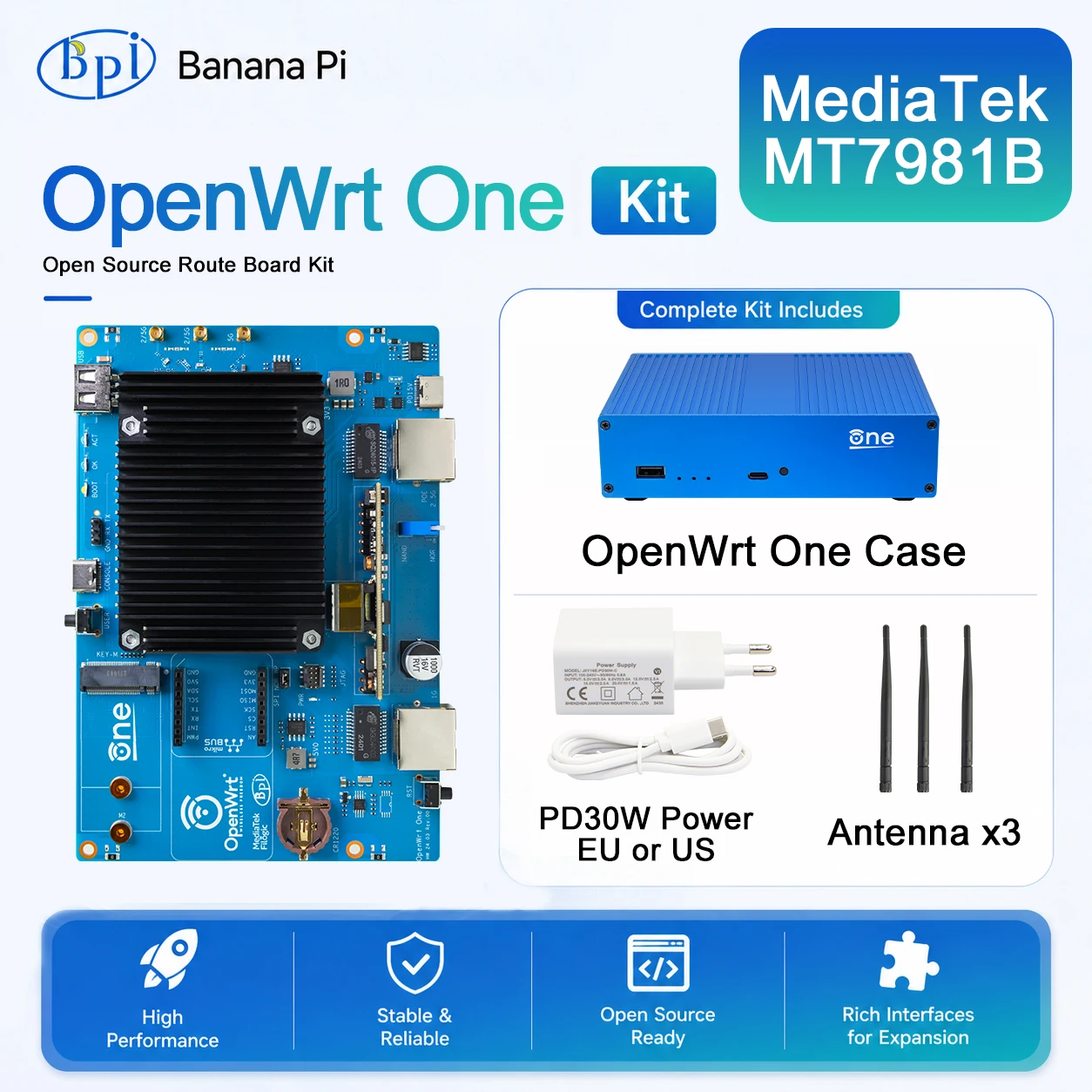 Banana Pi OpenWrt One MediaTek MT7981B 1GB DDR4 2.5GbE RJ45 and Gigabit Ethernet RJ45 256 MiB SPI NAND Open Source Smart Router