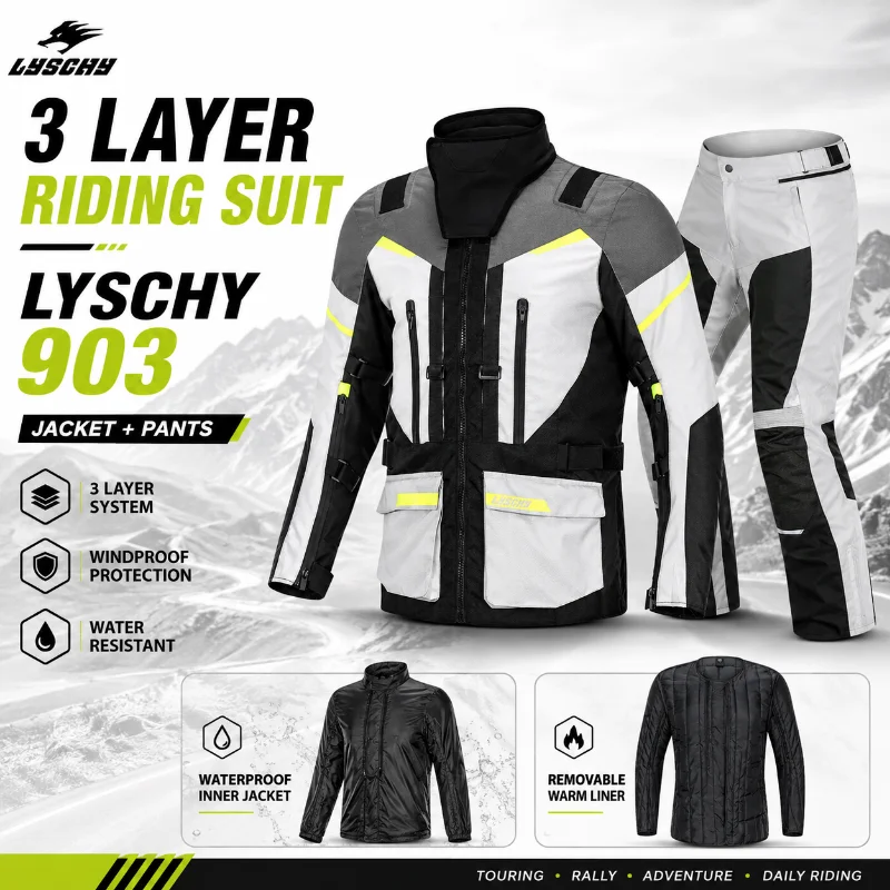 LYSCHY 903 Motorcycle Riding Suit Men Winter Windproof Warm Jacket Pants 3 Layer Motocross Touring Rally Motorcycle Gear