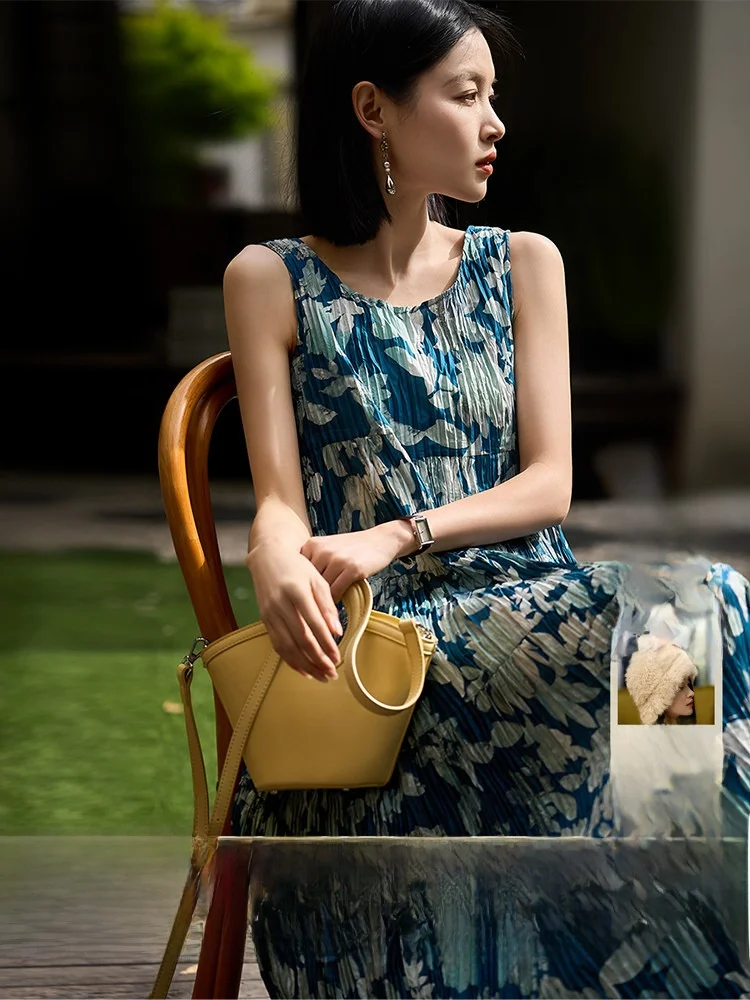 

Spring Summer Poetic Print round Ne Svel Pleated Texture Dr QZQ88047MG Commute Sle OL Faion Polyester Fiber