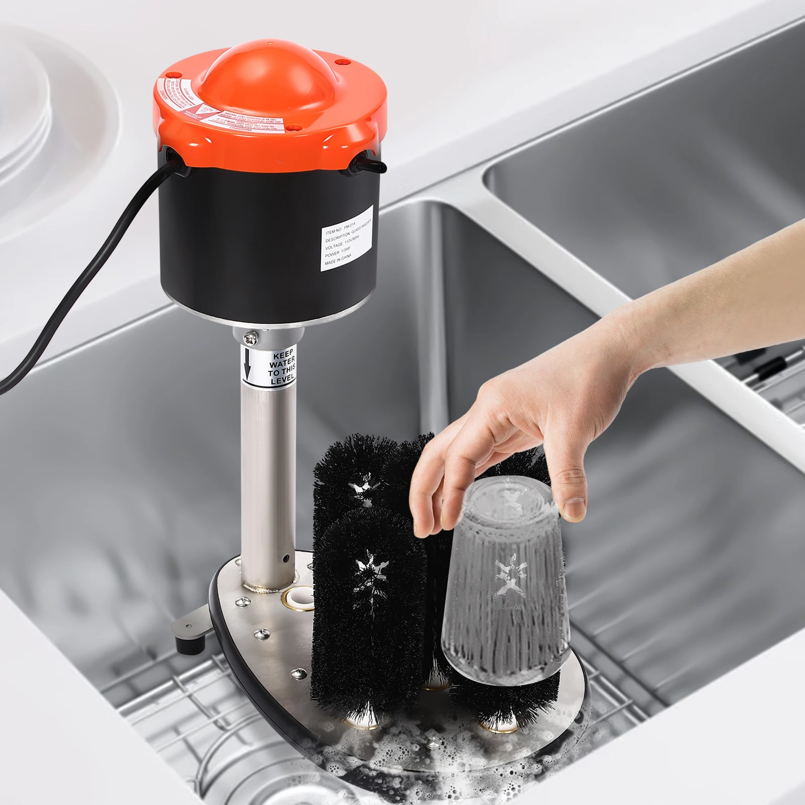 Electric Cup Washer Commercial, Electric Glass Washing Machine With 5 Replacement Brushes, 304 Stainless Steel, US Plug