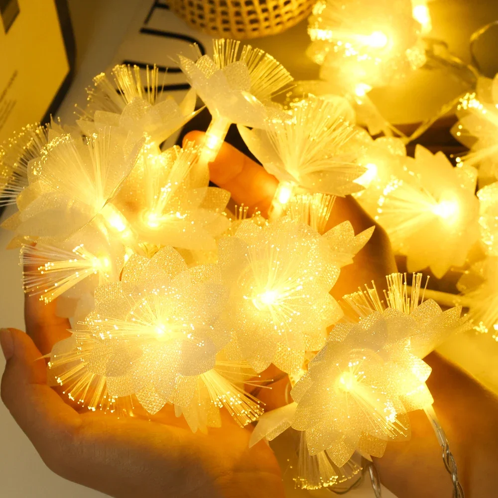 Christmas Flower String Lights Fiber Optic Fairy Light Battery-operated Garland Decoration Artificial Flowers New Year's Decor