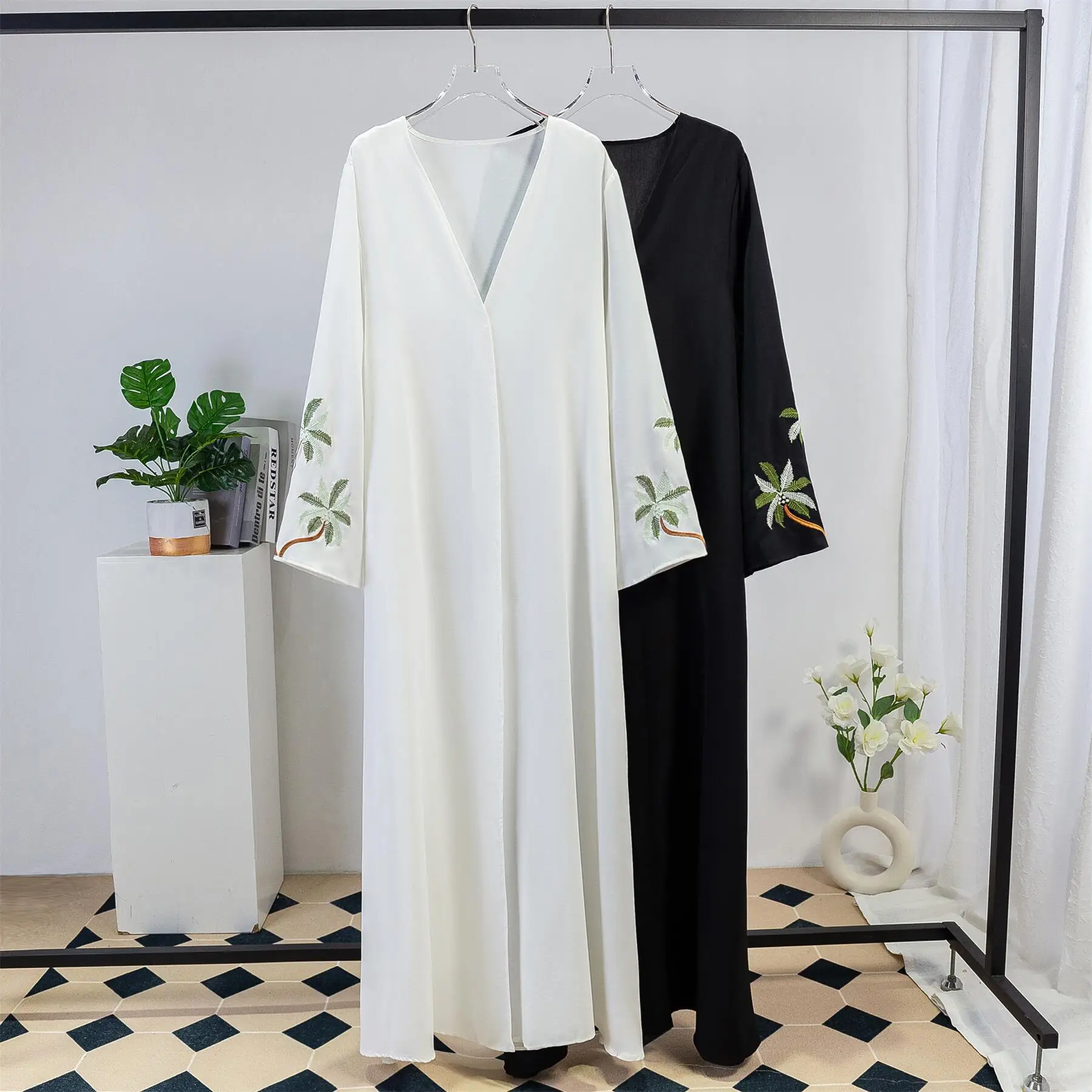 Dubai Flower Embroidery Open Kimono Abayas for Women Muslim Dress Saudi Kebaya Islam Clothing Arabic Robe Turkey Kaftan Jalabiya