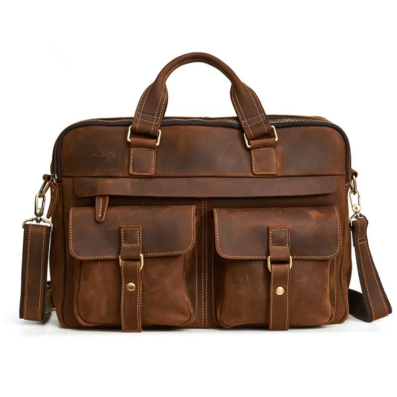 High-end Genuine Leather Handbag Men Laptop Bag Classic  Male Messenger Crazy Horse Cowhide Travel Shoulder Retro Business Bags