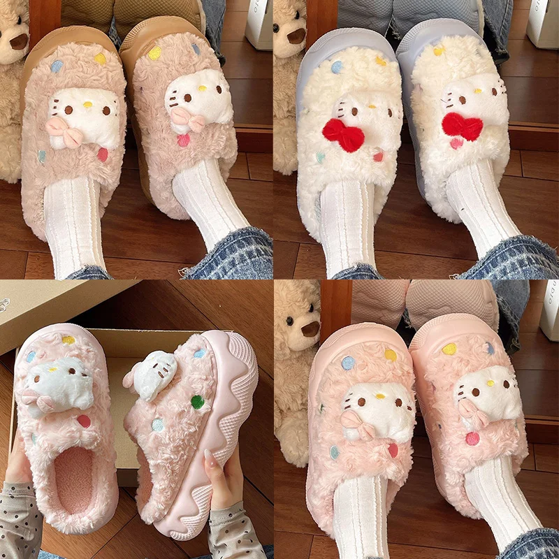 Kawaii مرحبا كيتي الشتاء غامض نعال من القطن فتاة الدوبامين Colorway المنزل الدفء نعل سميك مع بطانة الصوف نعال قماش #1