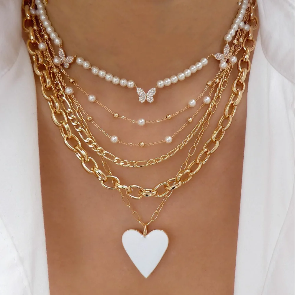 Vintage Color Heart Pendant Pearl Necklace For Women Girls Fashion Gold-plate Chain Choker Necklaces 2023 New Trend Jewelry