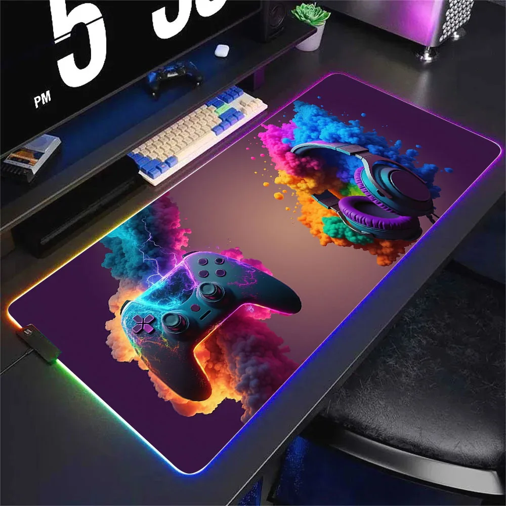 

Gamepad Earphone Pattern RGB Non-slip Rubber Mousepad XXL Computer Gaming Accessories Keyboard Desktop Decorate Mats for Offices