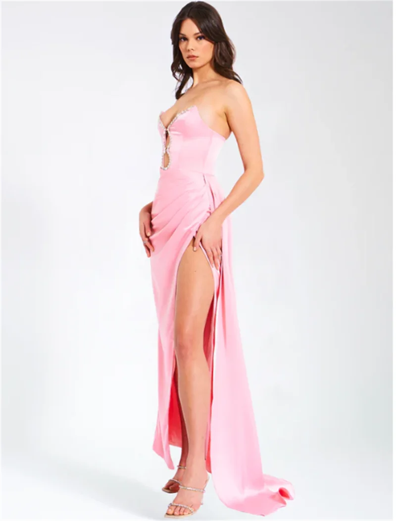 2024 Luxury Diamond Sexy Hollow Out Pink Satin Strapless Ankle Length Dress Graceful Woman Evening Dress Celebrity Party Outfit