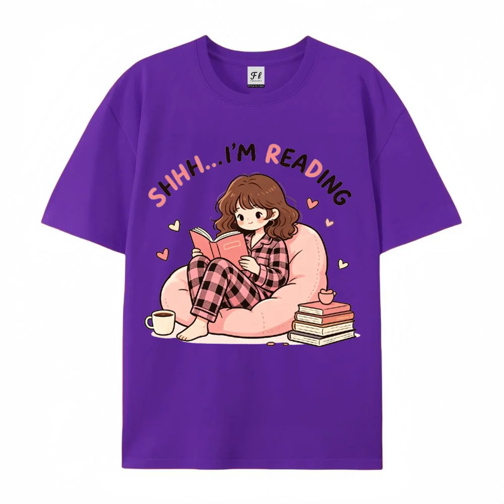 Women Shhh Im Reading Cute Book Lover Graphic T Shirt Cozy Girl Reading Books Coffee Print Casual Short Sleeve Top Tee