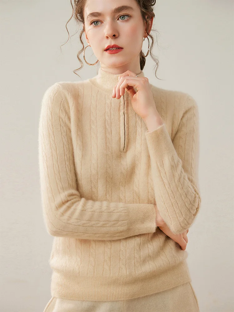 Twist Flower Women's Pullovers 100% Cashmere Knitted Mock Neck Sweater Zipper Chic Long Sleeve Basic Soft Warm Autumn Winter Top