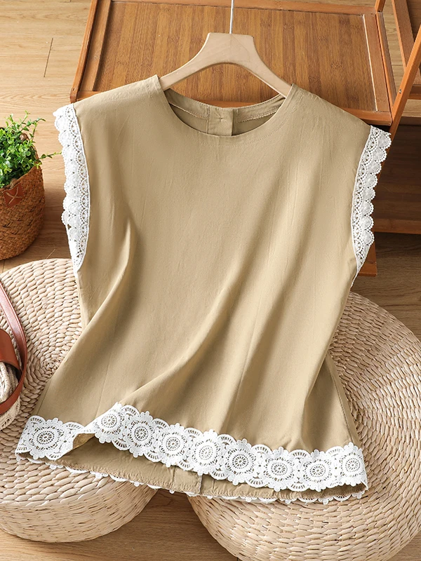 Korean Style Artistic Lace Trim Splice Shoulder Sleeve Shirt Women Summer New Loose Slim Back Button Top Breathable Comfortable