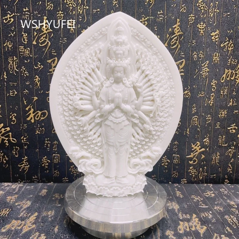 Buddhism Imitation White Jade Thousand-Hand Guanyin Statue Standing on Lotus Base Buddha Figurine for Home Altar Decor