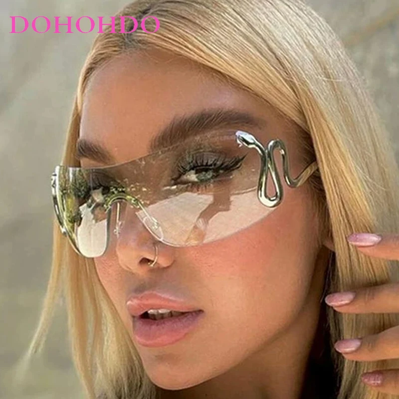 

Trendy Y2K Snake Decoration Rimless One - Piece Women's Sunglasses Brand Design Luxury Metal Men Sunglass Travel Goggles UV400