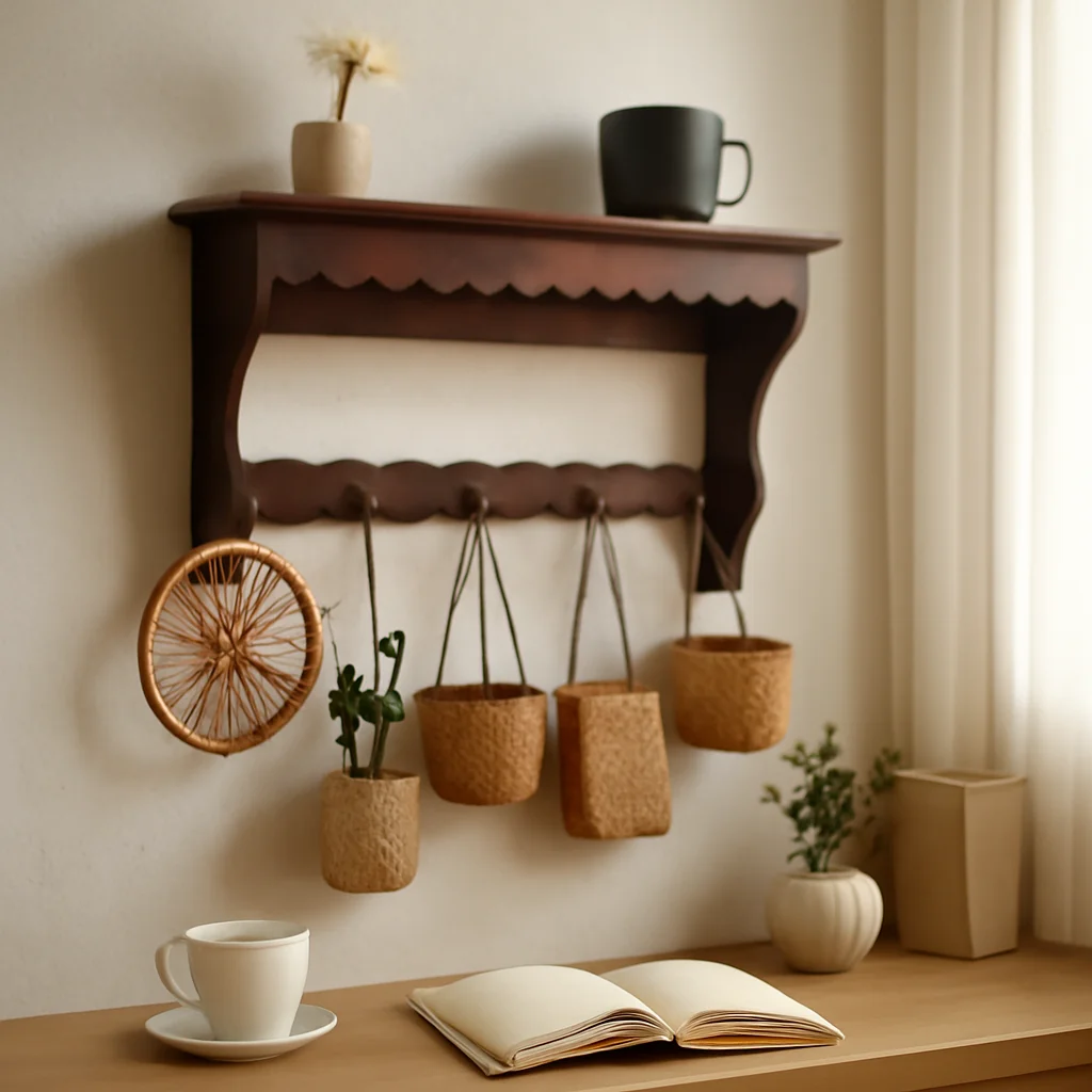 Vintage Wooden Wall Shelf for Cup Storage Artisan-Crafted Kitchen Display Minimalist Retro Design Unique No-Drill Hanging System