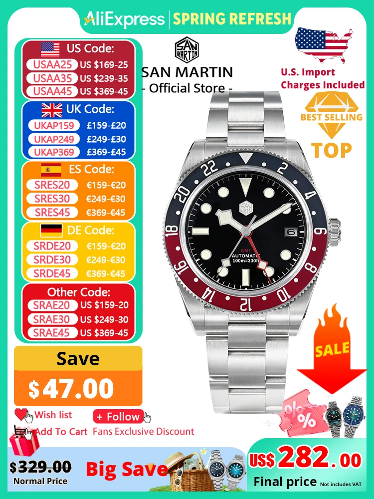 

San Martin 39mm NH34 GMT Men Luxury Watch Bidirectional Aluminum Bezel Automatic Mechanical Sapphire 100M Waterproof SN0109