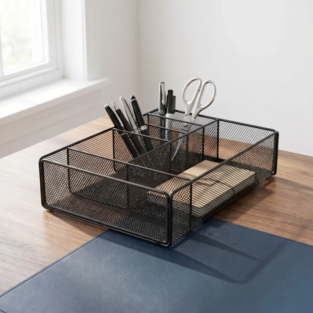 6 Compartments Metal Desk Organizer Iron Multi-Compartment Mesh Office Storage Basket Spray Painting Process Metal Mesh