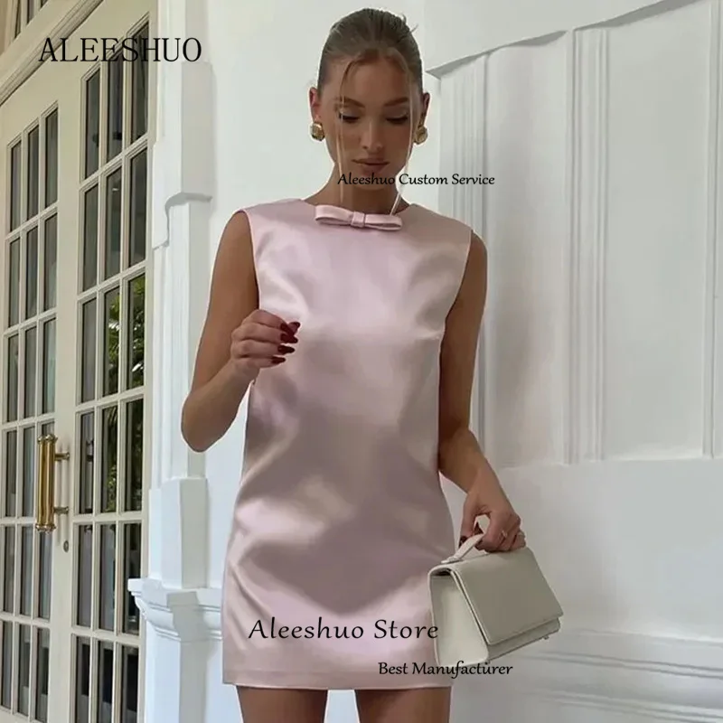 Aleeshuo Vintage Baby Pink Mini Prom Dresses Sexy Deep V Backless With Bow Evening Party Dresses O-Neck Sleeveless Prom Gown2024