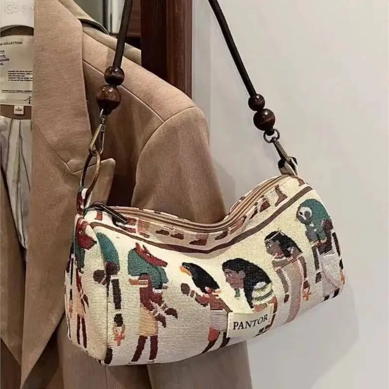 Retro Pharaoh Cartoon Print Tote Women Bohemian Style Fun Cute Large Capacity Shoulder Bag Ladies Fashion Casual Handbag New