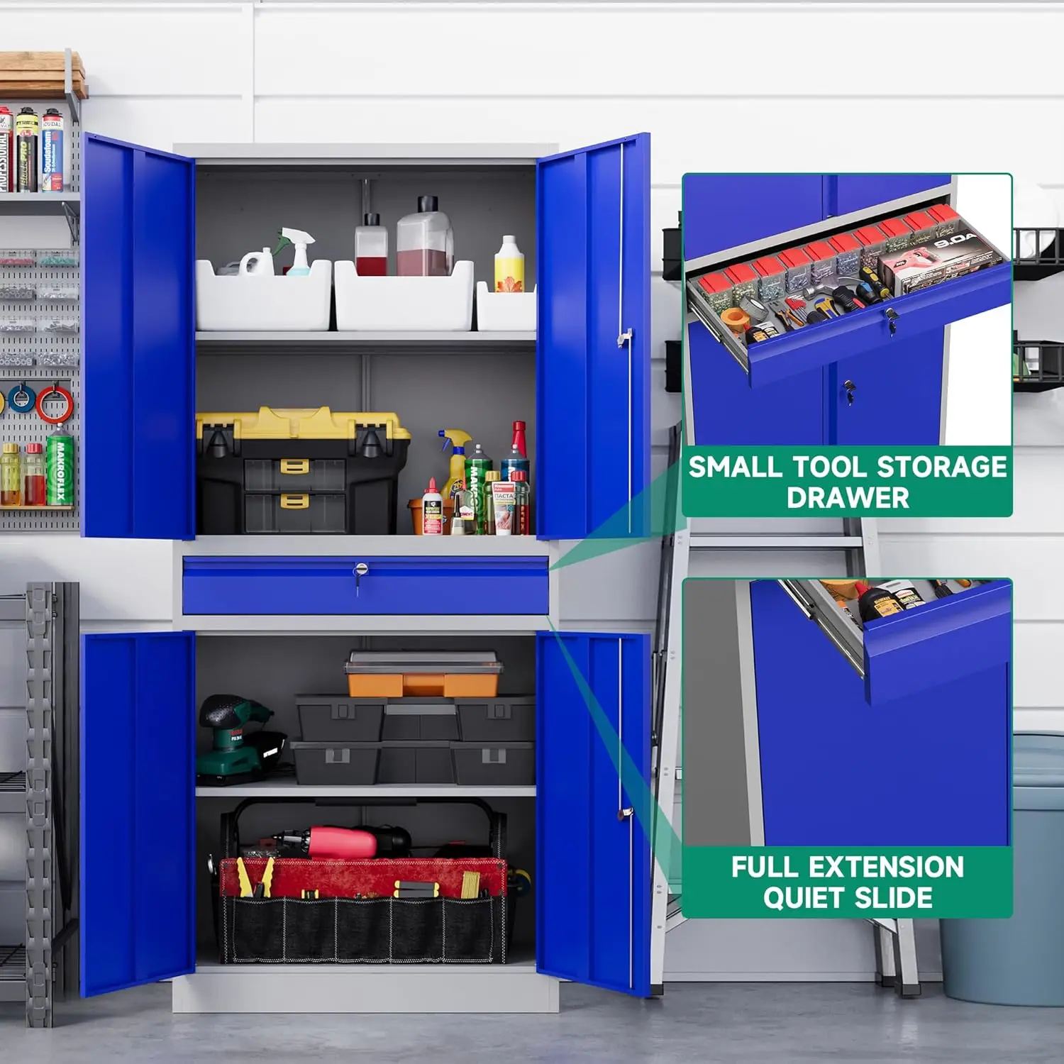 Letaya ตู้เก็บของโลหะโรงรถพร้อมลิ้นชัก4ประตูล็อกตู้เครื่องมือ-ชั้นวางปรับได้2ชั้นสำนักงานบ้าน utilit สีฟ้าสีเทา