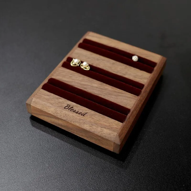Compact Jewelry Organizer - Black Walnut Three-Slot Padded Earring & Ring Display Stand