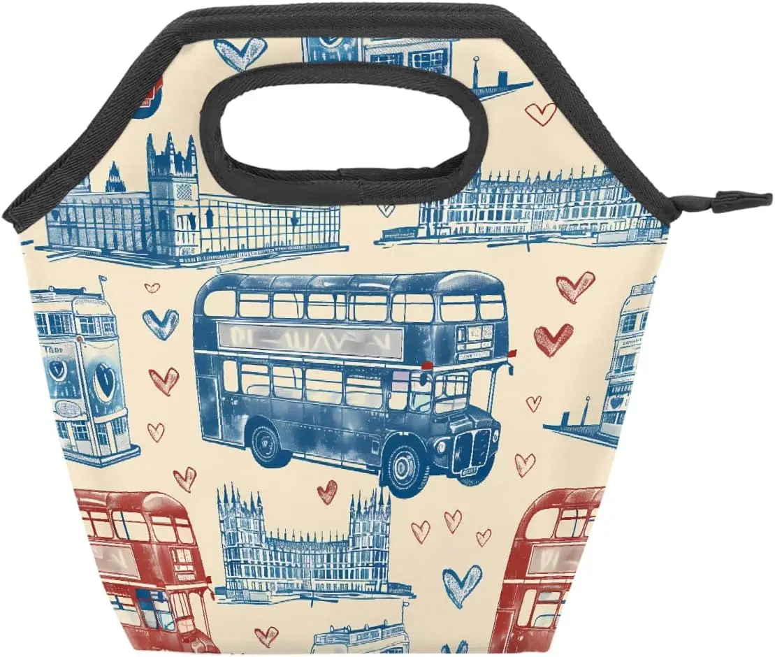 Lunch Bag Box London Bridge Bus Love Pattern | Waterproof, Zipper, Leakproof, Lunch Tote Bags for Kids Girls Boys