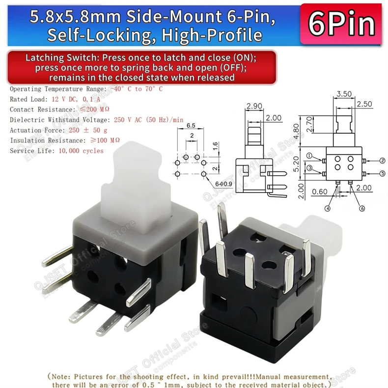 10 Stück 5,8x5,8 7x7 8x8 8,5x8,5mm Selbstverriegelnde/Nicht-verriegelnde Reset-/Multimeter-Taster, Taktiler Mikroschalter, 3/6-Pin Drucktastenschalter – Detail 14
