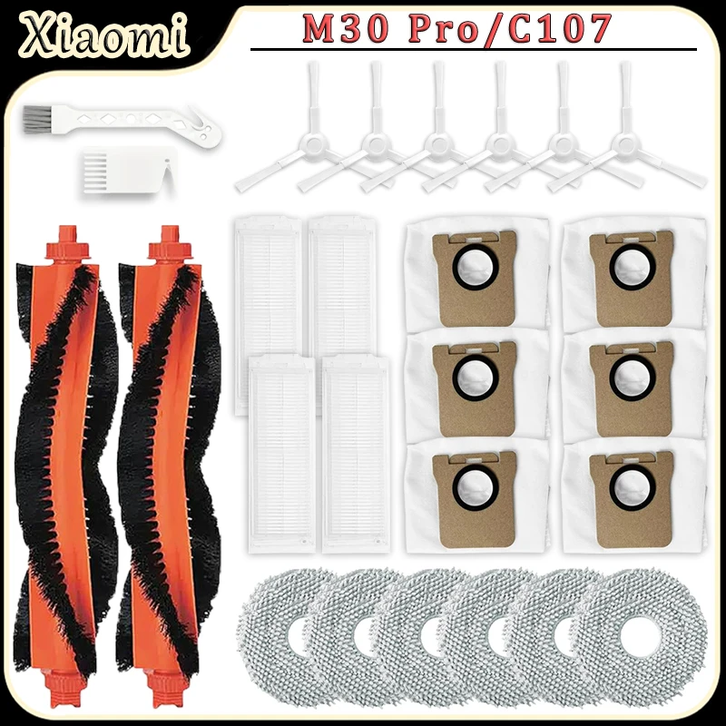 For Xiaomi Mijia M30 Pro/C107 Robot Vacuum Accessories Main Brush HEPA Filter Side Brush Mop Cloth Dust Bags Replacement Parts