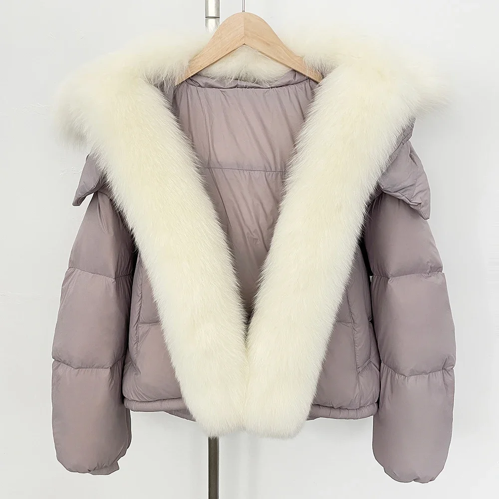 New Big Real Raccoon Fox Fur Collar Puffer Jacket Women New Autumn Winter Clothing Female Fashion Short White Duck Down Coat