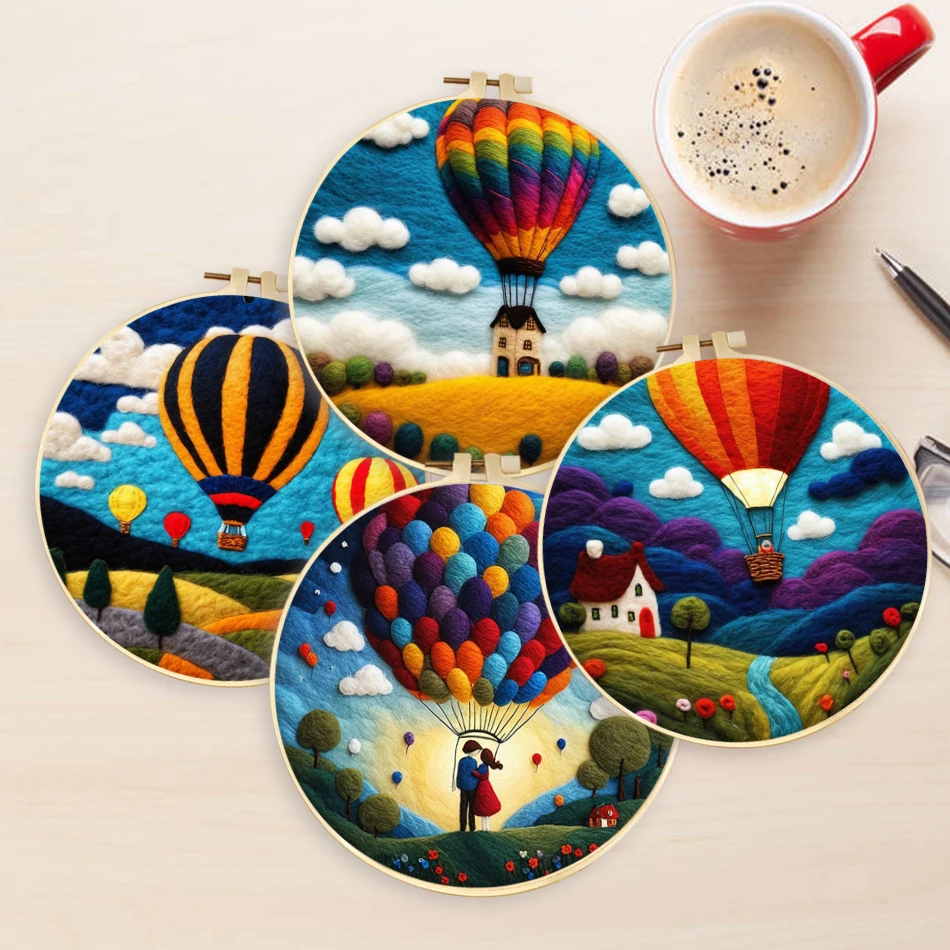 

GATYZTORY Hot Air Balloon Needle Felting Kit Abstract Embroidery Hoop Landscape Felting Wool Kit For Adults Diy Idea
