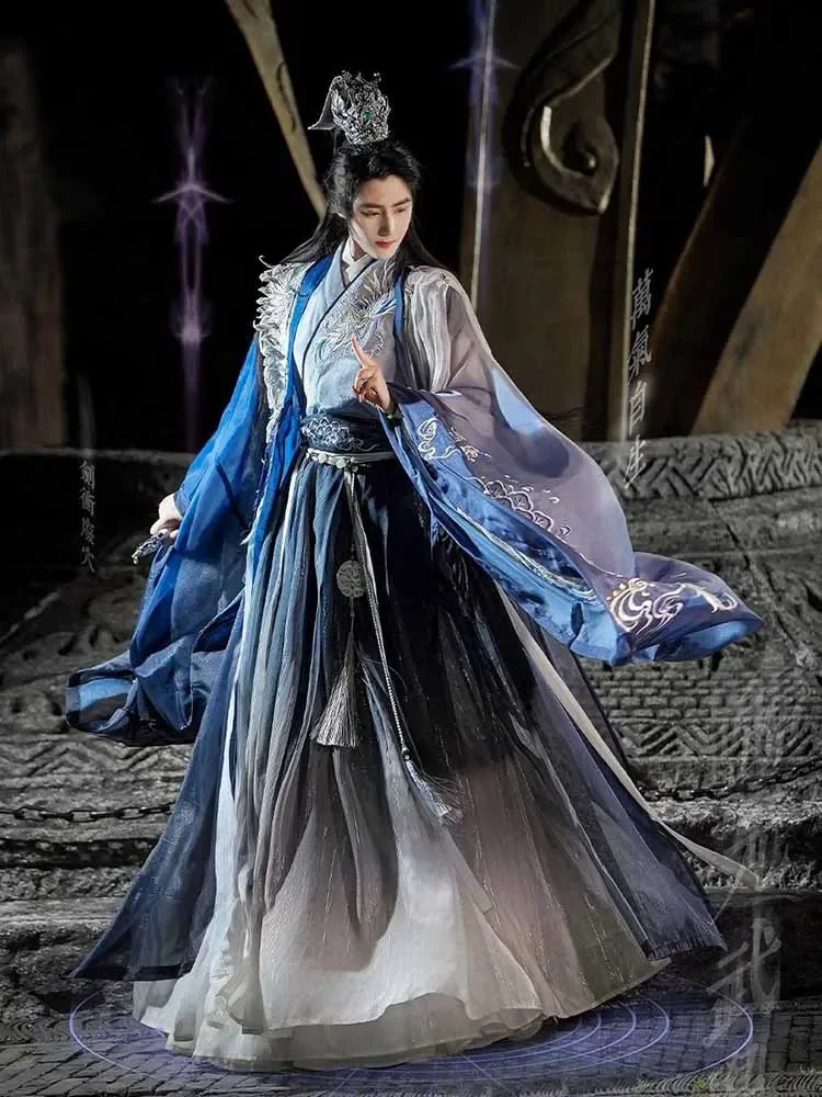 

Большой размер 3XL Hanfu, мужской китайский традиционный костюм Hanfu с вышивкой, мужской карнавальный костюм, нарядное платье, синий и белый комплект Hanfu для мужчин 3XL