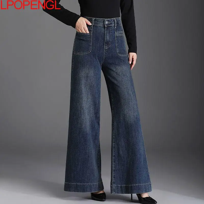 Moda Otoño e Invierno 2025 pantalones elásticos de mezclilla de cintura alta nuevos pantalones sueltos Retro Color sólido acampanado pantalones de pierna ancha tendencia