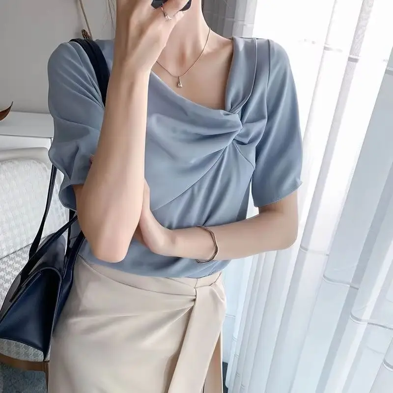 

Women Summer Simplicity Office Lady Solid Color V-neck Short Sleeve Chiffon Shirts Ladies Fashion All-match Temperament Tops