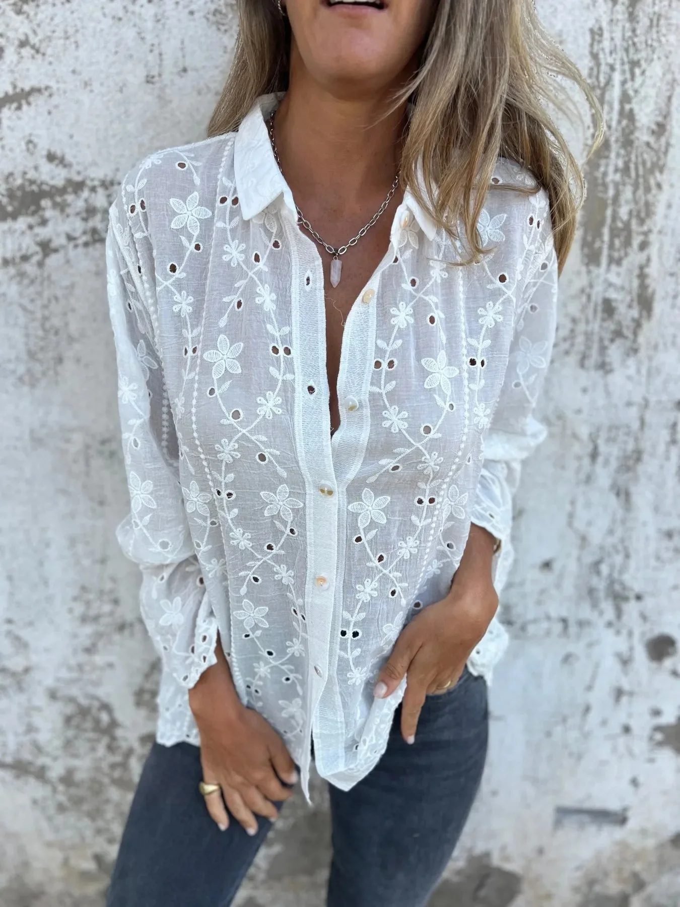 

Casual Embroidered Shirt Loose Lapel Single Breasted Long Sleeved Hollow Cotton Linen Shirt Autumn Fashion New Solid Color Top
