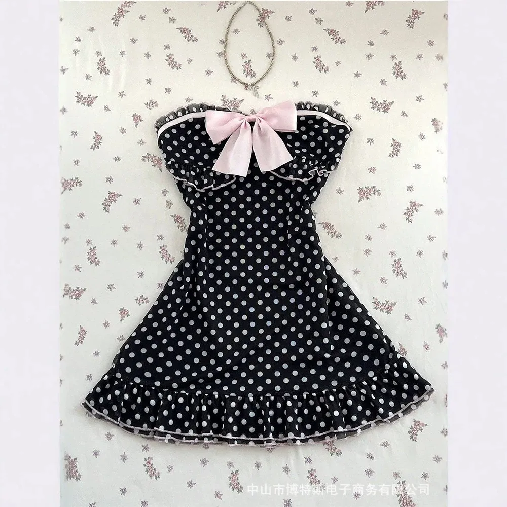 Pull on Polka Dot Dress Mini Length Sweet with a Line Short Sleeve Loose Fit Square Neck Sweet and Fresh Summer Dress for Women
