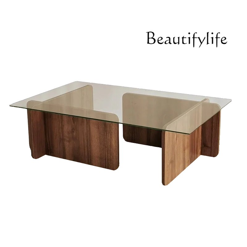 Mailiufeng Household Small Apartment Walnut Coffee Table Living Room Solid Wood Tea Table Tempered Glass Coffee Table