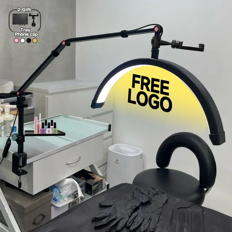 

New 2025 Custom logo 16-inch 24w Salon Nail Desk Table Facial Bed Clip-on Lamp with Half Moon LED Lash Extension Manicure lamp
