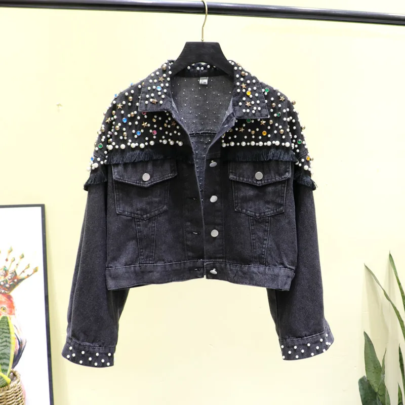 Frühling Koreanische Mehrfarbige Diamanten Perlen Denim Jacke Frauen Lose Kurze Cowboy Oberbekleidung Vintage Schwarz Blau Jeans Jacke Weibliche