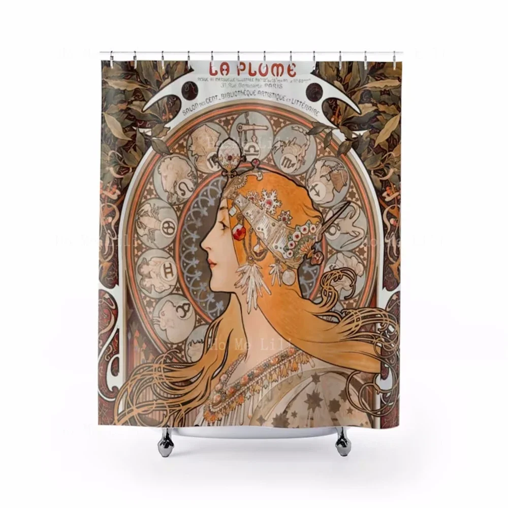 Art Nouveau Style Bathroom Zodiac Decoration, Astrology Bathroom Retro Shower Curtain