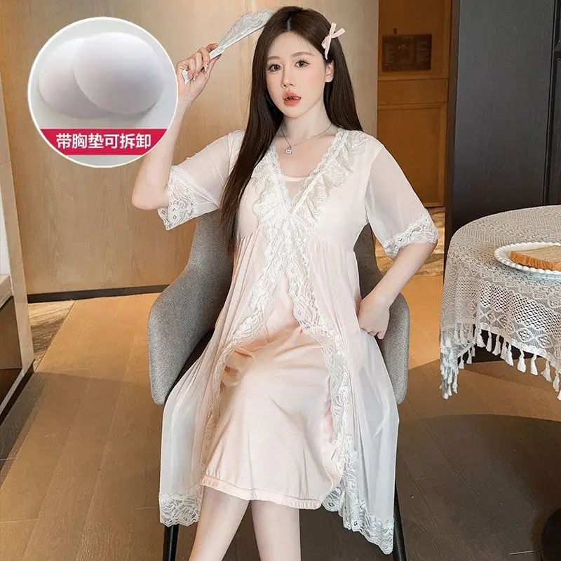 2024 Summer Cotton Short Sleeve Sexy Lace V-neck Lingerie Nightgowns for Women Cute Sleepwear Night Dress Nightdress Home Nighty 3