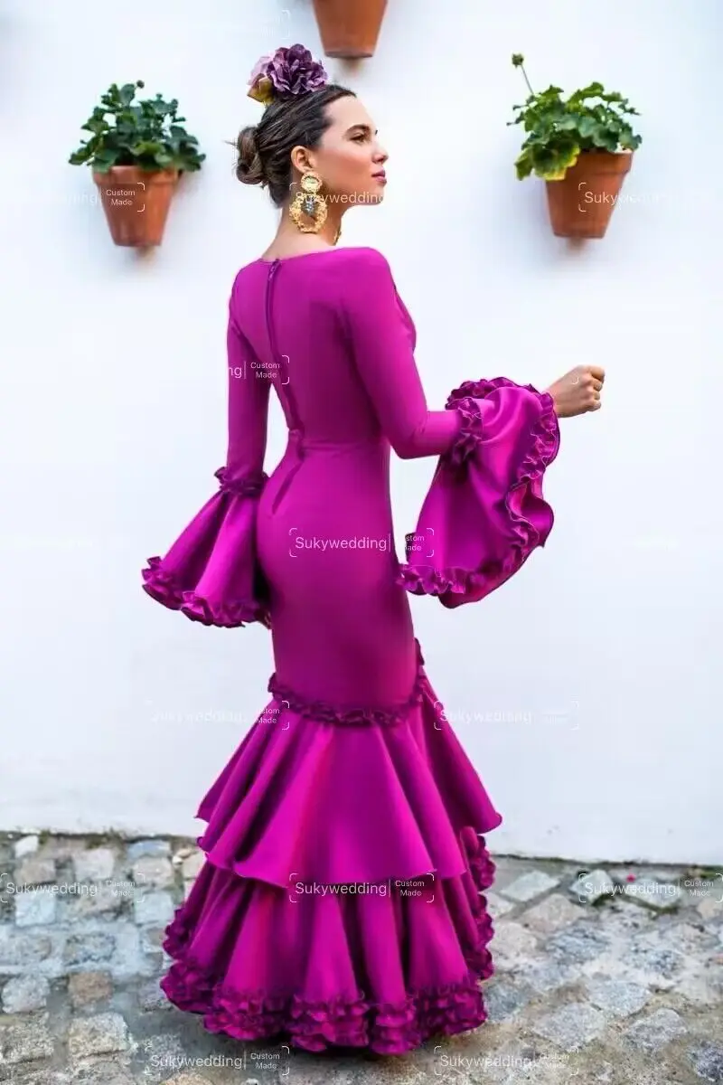 Purple Mermaid  Prom Dresses Flamenca Formal Dance Dresses Fairy Long Sleeve Mesh Spanish  Evening Dress Customized