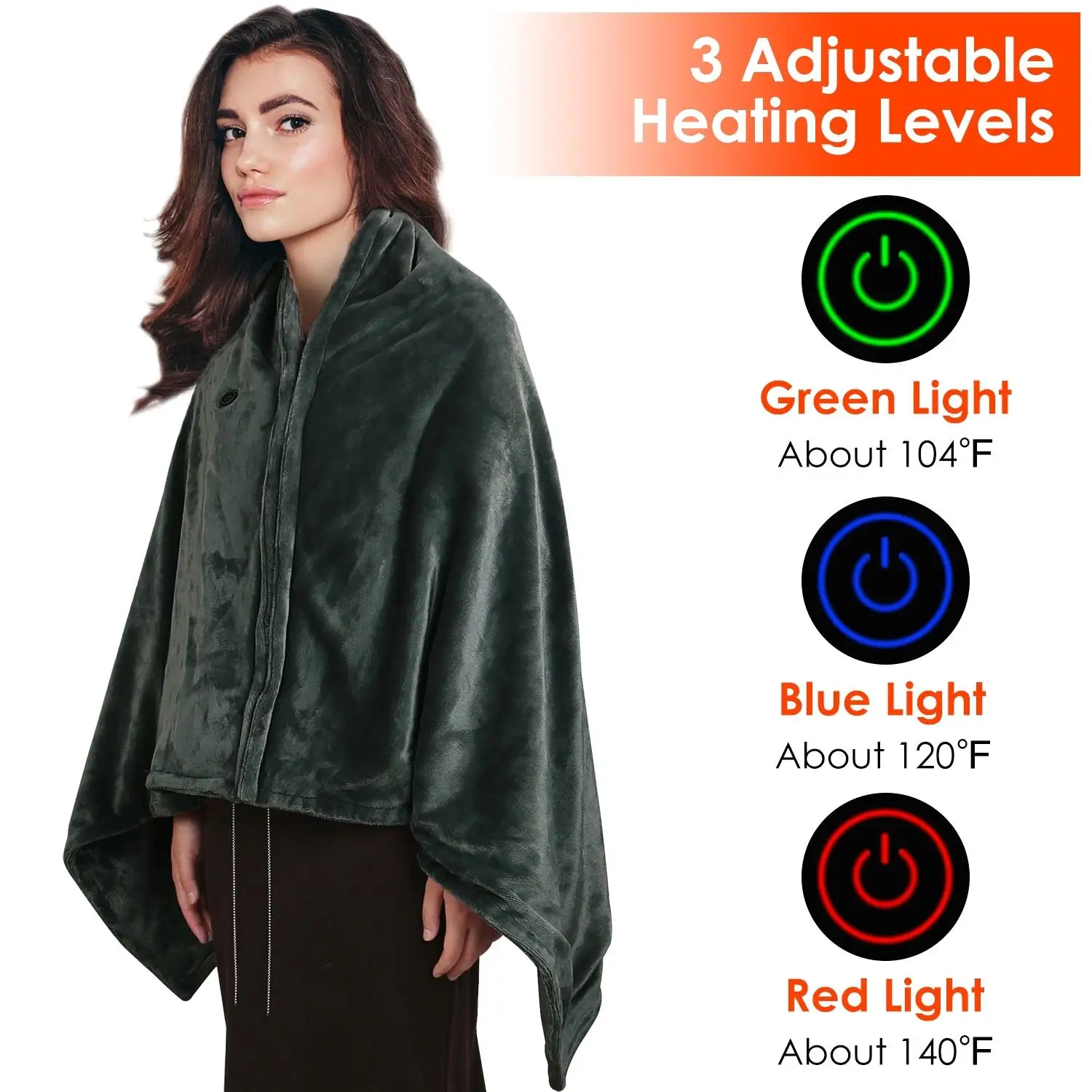 

59x31in USB Electric Heated Blanket Poncho Shawl Wrap - Washable & Zipper Design for home & Office Use